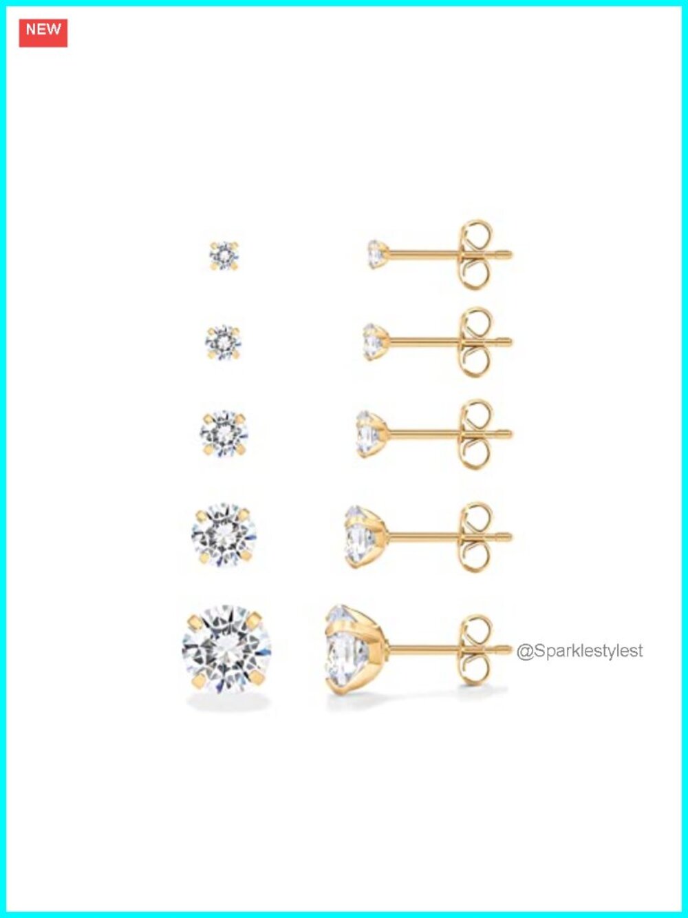 5-Pair CZ Stud Earring Set 14K Gold Plated Waterproof Hypoallergenic